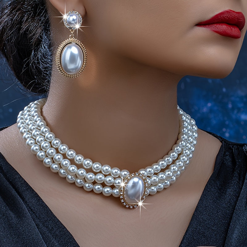 Elegant Pearl Necklace and Earring Set for Women - Vintage Style, Faux Pearl Multi-Strand Design, Ideal for Parties and Daily Wear, Pearl Earrings